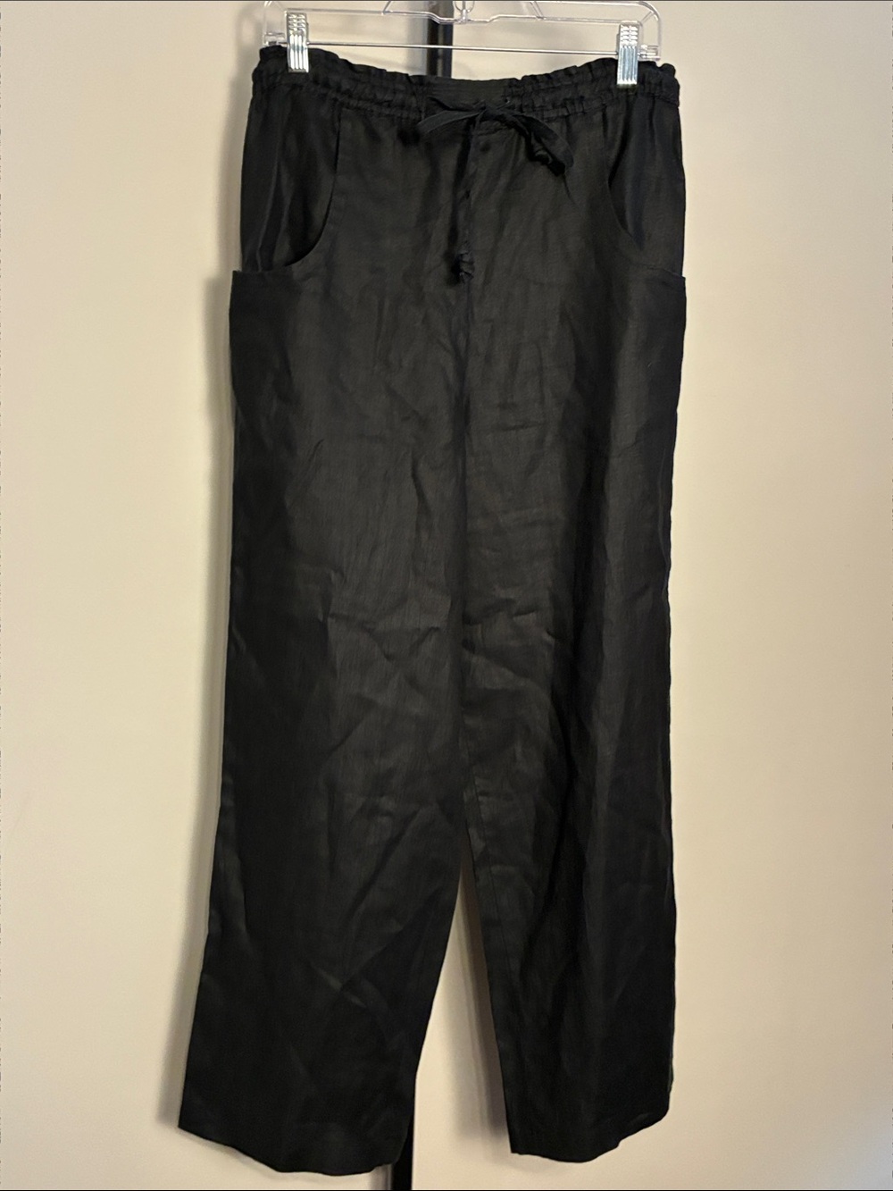 Rafaella 100% Linen Black Wide High Rise Pull On Drawstring Pants Pockets Small
